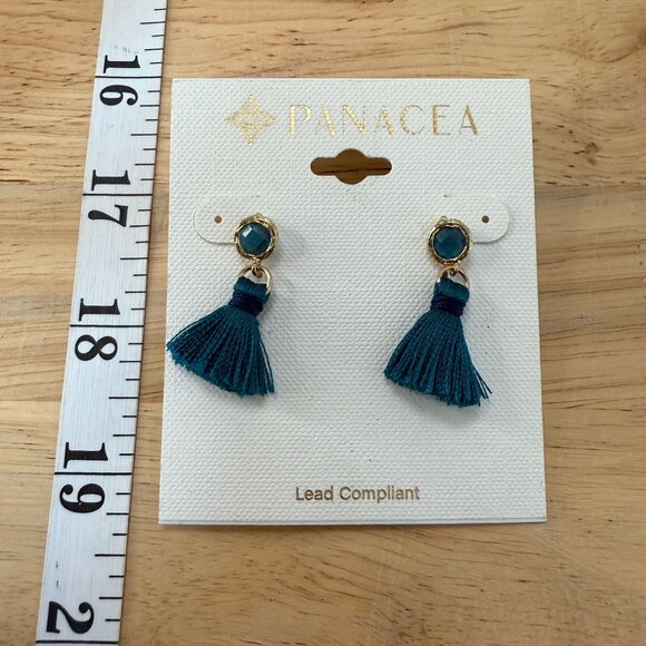 Panacea Teal Tassel Drop Earrings With Gold Accents - Picture 4 of 9